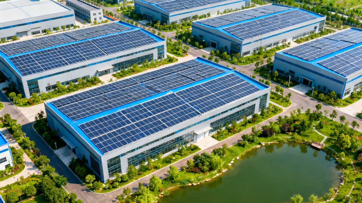 永利集团绿色产业园区二期工程航拍图，屋顶覆盖大面积光伏板，建筑群周围环绕着绿植和人工湖